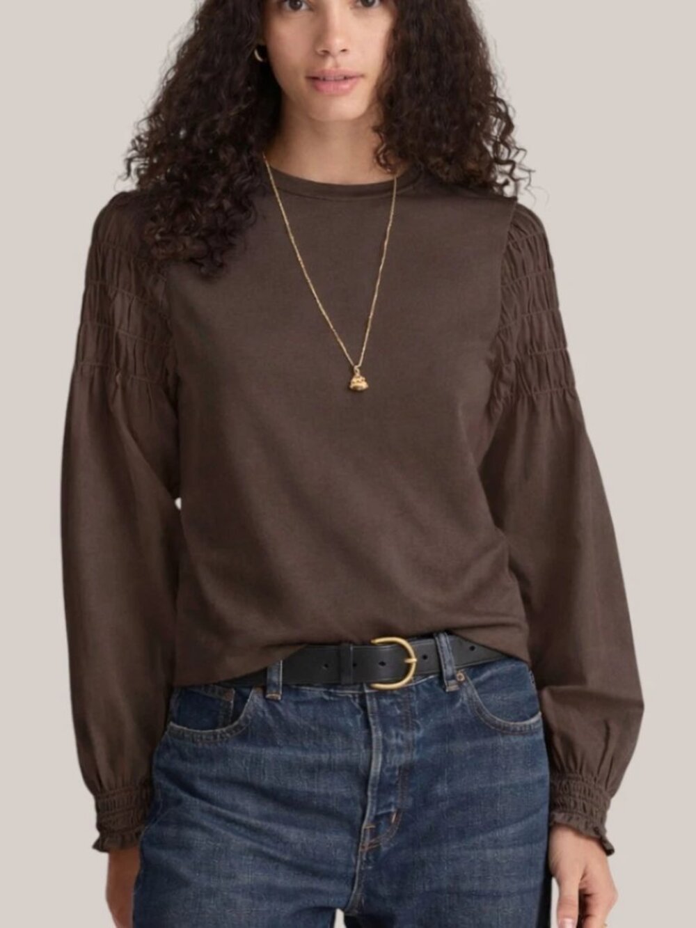 Madewell Brown Smocked Woven Long Sleeve Mixy Tee M NWT